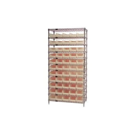 Global Industrial Chrome Wire Shelving with 55 4inH Plastic Shelf Bins Stone, 36x14x74 268969BG